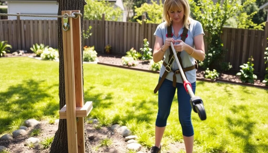 A detailed instruction guide to building a backyard zip line, featuring a step-by-step visual representation. In the foreground, show a simple wooden setup with a sturdy rope stretching between two trees, demonstrating the essential components like pulleys and safety harnesses. In the middle ground, depict a pair of hands assembling parts of the zip line, wearing modest casual clothing, ensuring a safe and approachable atmosphere. In the background, include a sunny garden scene, with green grass and flowers, enhancing the inviting mood for outdoor DIY projects. The lighting should be bright and natural, evoking a sense of summer fun and activity. Use a wide-angle lens to capture the entire scene, focusing on clarity and detail in the construction process. Ensure no text or watermarks are present in the image. A detailed instruction guide to building a backyard zip line, featuring a step-by-step visual representation. In the foreground, show a simple wooden setup with a sturdy rope stretching between two trees, demonstrating the essential components like pulleys and safety harnesses. In the middle ground, depict a pair of hands assembling parts of the zip line, wearing modest casual clothing, ensuring a safe and approachable atmosphere. In the background, include a sunny garden scene, with green grass and flowers, enhancing the inviting mood for outdoor DIY projects. The lighting should be bright and natural, evoking a sense of summer fun and activity. Use a wide-angle lens to capture the entire scene, focusing on clarity and detail in the construction process. Ensure no text or watermarks are present in the image.