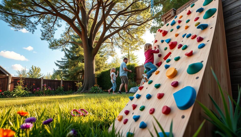 A detailed outdoor scene showcasing a home garden featuring a climbing wall. In the foreground, the climbing wall is constructed with colorful holds and textured surfaces, designed for both children and adults. It is nestled among lush green grass and vibrant flowers, with a few climbing gear items like carabiners and harnesses resting nearby. In the middle ground, a family in casual clothing is actively engaged in climbing and practicing on the wall, with one parent guiding a child. The background displays a clear blue sky, with a few fluffy clouds and tall trees providing a natural canopy. Soft, warm lighting enhances the atmosphere, evoking a sense of adventure and fun in a family-friendly setting. A detailed outdoor scene showcasing a home garden featuring a climbing wall. In the foreground, the climbing wall is constructed with colorful holds and textured surfaces, designed for both children and adults. It is nestled among lush green grass and vibrant flowers, with a few climbing gear items like carabiners and harnesses resting nearby. In the middle ground, a family in casual clothing is actively engaged in climbing and practicing on the wall, with one parent guiding a child. The background displays a clear blue sky, with a few fluffy clouds and tall trees providing a natural canopy. Soft, warm lighting enhances the atmosphere, evoking a sense of adventure and fun in a family-friendly setting.