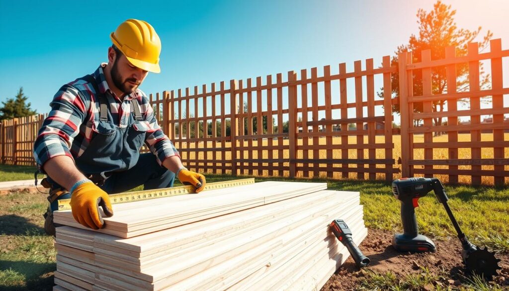 A detailed scene depicting the cost of installing a panel fence, focusing on a construction worksite. In the foreground, a professional contractor wearing a safety helmet and work gloves is measuring fencing panels with a tape measure. The middle ground features several pre-cut panels stacked neatly alongside tools like a power drill and post hole digger. The background shows a partially installed fence under a clear blue sky, with green grass and some trees in the distance to add depth. The sunlight creates a warm glow, enhancing the atmosphere of productivity and professionalism. Capture this scene from a slightly elevated angle to give an overview while emphasizing the contractor's meticulous work, ensuring no distractions like text or watermarks are present.