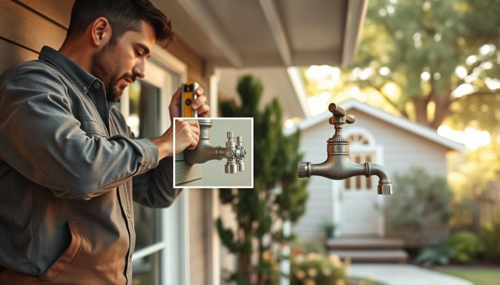 A detailed scene depicting the installation of an outdoor faucet on a house facade. In the foreground, a professional-looking handyman dressed in modest casual clothing is carefully aligning the faucet with the wall, using a level tool. The middle layer features a close-up of the faucet being mounted, showcasing the screws and plumbing tools. In the background, a simple yet charming house exterior can be seen, adorned with a lush garden and soft, natural lighting filtering through the trees, creating a warm and inviting atmosphere. The perspective is slightly elevated, providing a clear view of the installation process, emphasizing precision and craftsmanship. The overall mood is practical and focused, conveying a sense of DIY accomplishment. A detailed scene depicting the installation of an outdoor faucet on a house facade. In the foreground, a professional-looking handyman dressed in modest casual clothing is carefully aligning the faucet with the wall, using a level tool. The middle layer features a close-up of the faucet being mounted, showcasing the screws and plumbing tools. In the background, a simple yet charming house exterior can be seen, adorned with a lush garden and soft, natural lighting filtering through the trees, creating a warm and inviting atmosphere. The perspective is slightly elevated, providing a clear view of the installation process, emphasizing precision and craftsmanship. The overall mood is practical and focused, conveying a sense of DIY accomplishment.