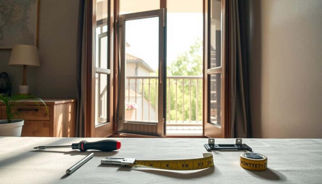 A detailed step-by-step assembly instruction for a mosquito net for a balcony door. The foreground features a neatly arranged set of tools including a screwdriver, measuring tape, and mounting brackets, placed on a flat surface. In the middle, visualize an open door frame with a partially assembled mosquito net, showcasing the components such as the screen material and frame pieces. The background reveals a sunny outdoor scene with a balcony view, enhancing the mood of a cozy home environment. Natural light pours in, creating soft shadows that add depth. The angle is slightly above eye level to capture the assembly process effectively. A calm and instructional atmosphere pervades the image, focusing on clarity and practical guidance for the viewer. A detailed step-by-step assembly instruction for a mosquito net for a balcony door. The foreground features a neatly arranged set of tools including a screwdriver, measuring tape, and mounting brackets, placed on a flat surface. In the middle, visualize an open door frame with a partially assembled mosquito net, showcasing the components such as the screen material and frame pieces. The background reveals a sunny outdoor scene with a balcony view, enhancing the mood of a cozy home environment. Natural light pours in, creating soft shadows that add depth. The angle is slightly above eye level to capture the assembly process effectively. A calm and instructional atmosphere pervades the image, focusing on clarity and practical guidance for the viewer.