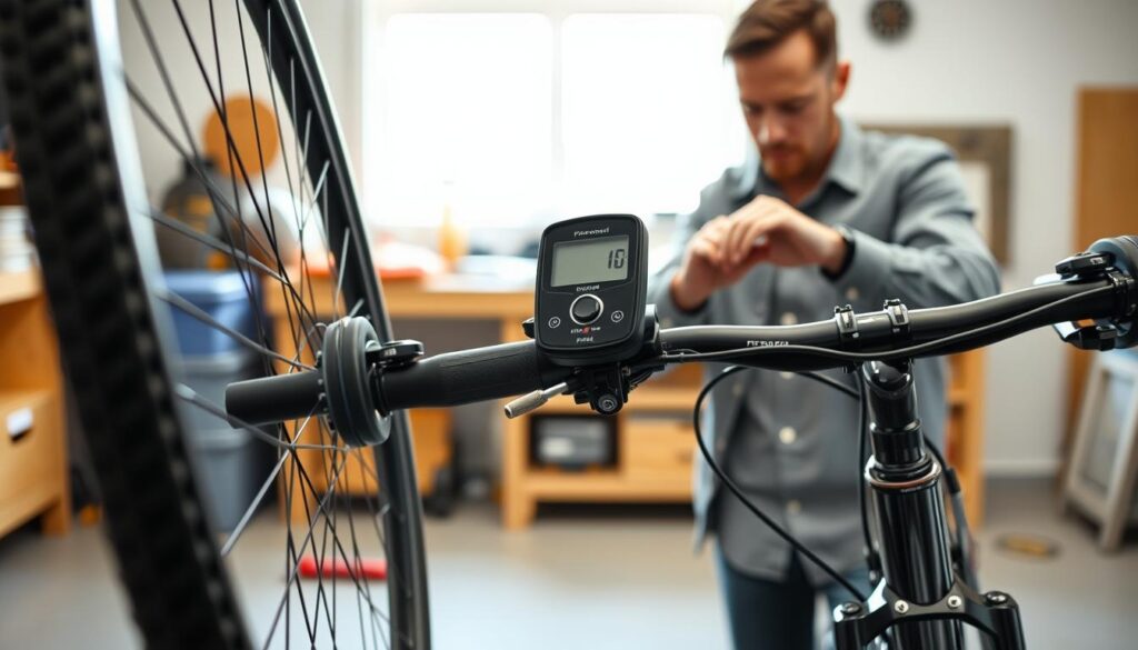 A detailed step-by-step assembly of a bicycle speedometer, set in a clean and well-organized workspace. In the foreground, show a bicycle wheel with a partially installed speedometer on the handlebars. Display tools such as a screwdriver and mounting brackets nearby, conveying a clear sense of assembly in progress. The middle ground features an adult wearing professional casual clothing, intently focused on attaching the speedometer, with their hands delicately manipulating the parts. The background includes a wooden workbench and a well-lit garage environment, with soft, natural lighting emanating from a window. The mood is practical and informative, inviting readers to visualize the straightforward process of correctly installing a bike speedometer. A detailed step-by-step assembly of a bicycle speedometer, set in a clean and well-organized workspace. In the foreground, show a bicycle wheel with a partially installed speedometer on the handlebars. Display tools such as a screwdriver and mounting brackets nearby, conveying a clear sense of assembly in progress. The middle ground features an adult wearing professional casual clothing, intently focused on attaching the speedometer, with their hands delicately manipulating the parts. The background includes a wooden workbench and a well-lit garage environment, with soft, natural lighting emanating from a window. The mood is practical and informative, inviting readers to visualize the straightforward process of correctly installing a bike speedometer.