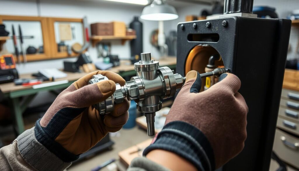 A detailed step-by-step assembly of a draft regulator, shown in a workshop environment. In the foreground, a pair of skilled hands in professional work gloves carefully position the regulator on a coal furnace, with tools like a screwdriver and pliers nearby. In the middle ground, an angle view of the furnace reveals connections and mechanical components, demonstrating the installation process clearly. The background features a well-organized workspace, with workbenches, additional tools, and a light source illuminating the scene from above, creating a focused, precise atmosphere. The lighting is bright yet balanced to showcase the metallic textures of the draft regulator and the mechanical details within the furnace. The mood is instructional and focused, ideal for understanding the assembly process.