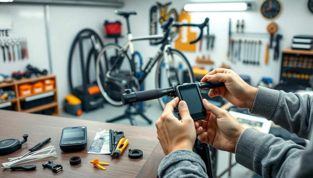 A detailed step-by-step guide for mounting a wireless bike computer. In the foreground, display an assortment of bike tools and accessories, including a wireless bike computer, zip ties, and a small screwdriver. In the middle ground, depict a bicycle mounted on a work stand, showing the mounting process with hands in modest attire carefully attaching the computer to the handlebars. In the background, include a well-lit garage or workshop environment with organized tools and a bicycle repair manual on a table. The lighting is bright and focused, creating a clear and educational atmosphere, ideal for illustrating the assembly process. The image conveys a sense of practicality and professionalism, with an emphasis on clarity and instruction. A detailed step-by-step guide for mounting a wireless bike computer. In the foreground, display an assortment of bike tools and accessories, including a wireless bike computer, zip ties, and a small screwdriver. In the middle ground, depict a bicycle mounted on a work stand, showing the mounting process with hands in modest attire carefully attaching the computer to the handlebars. In the background, include a well-lit garage or workshop environment with organized tools and a bicycle repair manual on a table. The lighting is bright and focused, creating a clear and educational atmosphere, ideal for illustrating the assembly process. The image conveys a sense of practicality and professionalism, with an emphasis on clarity and instruction.