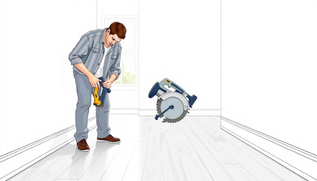 A detailed step-by-step illustration of installing PVC baseboards in a modern interior setting. In the foreground, show a professional in modest casual clothing carefully measuring and cutting the PVC baseboard, using a miter saw with focus on precision. In the middle ground, display the freshly painted wall and the newly laid flooring, creating a clean, well-lit environment. In the background, soft natural light streams through a window, enhancing the inviting atmosphere. The image should capture a sense of professionalism and craftsmanship, emphasizing the tools and materials involved in the installation, with a focus on clarity and organization. The angle should be slightly elevated, providing a clear view of the action without distractions. A detailed step-by-step illustration of installing PVC baseboards in a modern interior setting. In the foreground, show a professional in modest casual clothing carefully measuring and cutting the PVC baseboard, using a miter saw with focus on precision. In the middle ground, display the freshly painted wall and the newly laid flooring, creating a clean, well-lit environment. In the background, soft natural light streams through a window, enhancing the inviting atmosphere. The image should capture a sense of professionalism and craftsmanship, emphasizing the tools and materials involved in the installation, with a focus on clarity and organization. The angle should be slightly elevated, providing a clear view of the action without distractions.