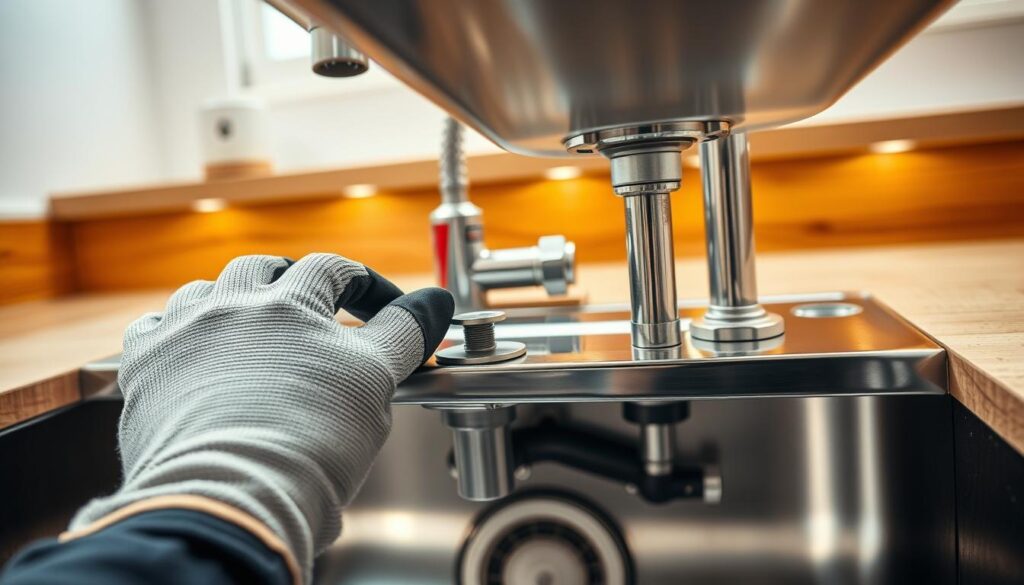 A detailed step-by-step montage showcasing the installation of sink clips, emphasizing a close-up view of hands adjusting the clips beneath a modern kitchen sink. In the foreground, a pair of hands in professional work gloves carefully positions a shiny metal clip against the sink surface, highlighting the texture and sheen of the materials. The middle ground features the sink itself with water pipes and fittings visible, creating a sense of context. In the background, a well-lit kitchen setting, with warm lighting illuminating the area, conveys a practical yet inviting atmosphere. The composition captures the technical nature of the task, underscoring the importance of precision and care in this home improvement project. A detailed step-by-step montage showcasing the installation of sink clips, emphasizing a close-up view of hands adjusting the clips beneath a modern kitchen sink. In the foreground, a pair of hands in professional work gloves carefully positions a shiny metal clip against the sink surface, highlighting the texture and sheen of the materials. The middle ground features the sink itself with water pipes and fittings visible, creating a sense of context. In the background, a well-lit kitchen setting, with warm lighting illuminating the area, conveys a practical yet inviting atmosphere. The composition captures the technical nature of the task, underscoring the importance of precision and care in this home improvement project.