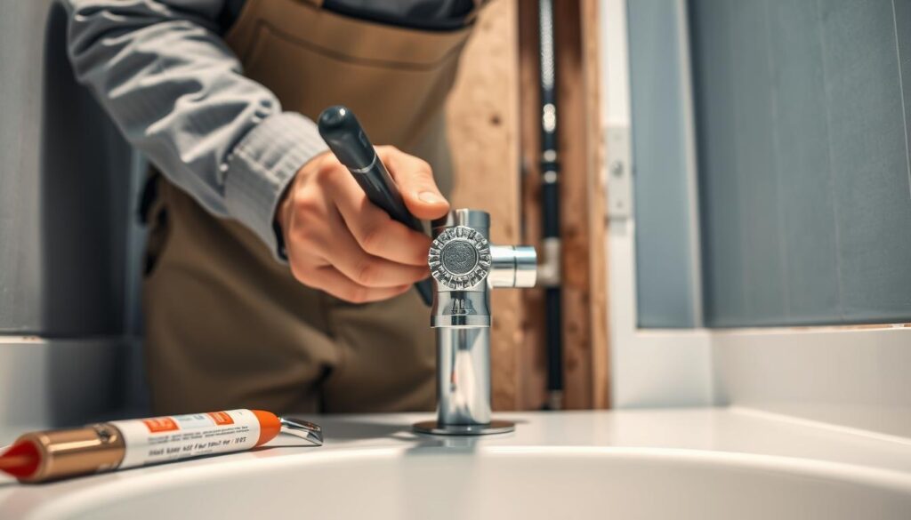 A detailed view of a professional plumber performing the installation of a wall-mounted faucet in a modern, concealed wall system. Focus on the hands of the plumber, wearing modest work attire, deftly tightening the faucet onto the concealed plumbing fixture. The foreground highlights tools such as a wrench and sealant, while the middle ground showcases the faucet itself with intricate design details, gleaming in the bright, artificial lighting. The background features a partially open wall revealing pipes and drywall. The setting is well-lit, with a clean, organized workspace that conveys a sense of professionalism and expertise. Aim for a realistic, instructional atmosphere, emphasizing clarity and precision in the installation process. A detailed view of a professional plumber performing the installation of a wall-mounted faucet in a modern, concealed wall system. Focus on the hands of the plumber, wearing modest work attire, deftly tightening the faucet onto the concealed plumbing fixture. The foreground highlights tools such as a wrench and sealant, while the middle ground showcases the faucet itself with intricate design details, gleaming in the bright, artificial lighting. The background features a partially open wall revealing pipes and drywall. The setting is well-lit, with a clean, organized workspace that conveys a sense of professionalism and expertise. Aim for a realistic, instructional atmosphere, emphasizing clarity and precision in the installation process.