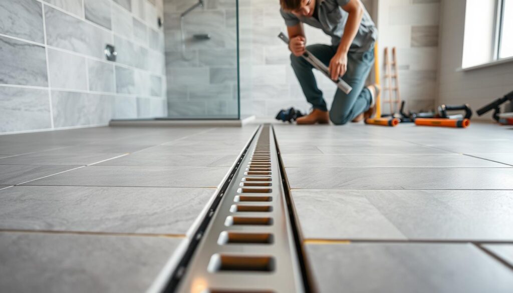 A detailed view of a professional tiling installation around a linear shower drain in a modern bathroom. In the foreground, neatly arranged ceramic tiles with a contemporary design are being meticulously placed around a sleek, metallic linear drain, highlighting the integration of the drain into the flooring. In the middle ground, a skilled tiler, dressed in a modest work attire, is focused on aligning the tiles with precision, using a level tool for accuracy. The background features partially tiled wall sections and tools scattered around, enhancing the workshop atmosphere. Bright, soft lighting illuminates the scene, creating a clean and professional feel. The camera angle is slightly elevated, capturing the intricate details of the tiling process while emphasizing the linear drain's functionality and aesthetic integration. A detailed view of a professional tiling installation around a linear shower drain in a modern bathroom. In the foreground, neatly arranged ceramic tiles with a contemporary design are being meticulously placed around a sleek, metallic linear drain, highlighting the integration of the drain into the flooring. In the middle ground, a skilled tiler, dressed in a modest work attire, is focused on aligning the tiles with precision, using a level tool for accuracy. The background features partially tiled wall sections and tools scattered around, enhancing the workshop atmosphere. Bright, soft lighting illuminates the scene, creating a clean and professional feel. The camera angle is slightly elevated, capturing the intricate details of the tiling process while emphasizing the linear drain's functionality and aesthetic integration.