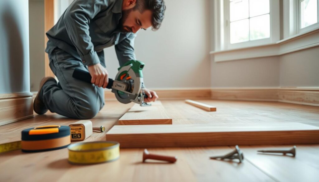A detailed view of baseboard installation, showcasing a professional carpenter kneeling on the floor, carefully measuring and cutting a wooden baseboard with a miter saw. The carpenter is dressed in modest casual clothing, focused on the task. In the foreground, tools such as a tape measure, miter box, and finishing nails are arranged neatly. The middle ground features partially installed baseboards against a freshly painted wall, the wood grain clearly visible. The background shows an inviting interiorscape with warm natural light coming through a window, illuminating the workspace. The mood is diligent and constructive, emphasizing craftsmanship and attention to detail, captured from a low angle for depth and engagement. A detailed view of baseboard installation, showcasing a professional carpenter kneeling on the floor, carefully measuring and cutting a wooden baseboard with a miter saw. The carpenter is dressed in modest casual clothing, focused on the task. In the foreground, tools such as a tape measure, miter box, and finishing nails are arranged neatly. The middle ground features partially installed baseboards against a freshly painted wall, the wood grain clearly visible. The background shows an inviting interiorscape with warm natural light coming through a window, illuminating the workspace. The mood is diligent and constructive, emphasizing craftsmanship and attention to detail, captured from a low angle for depth and engagement.