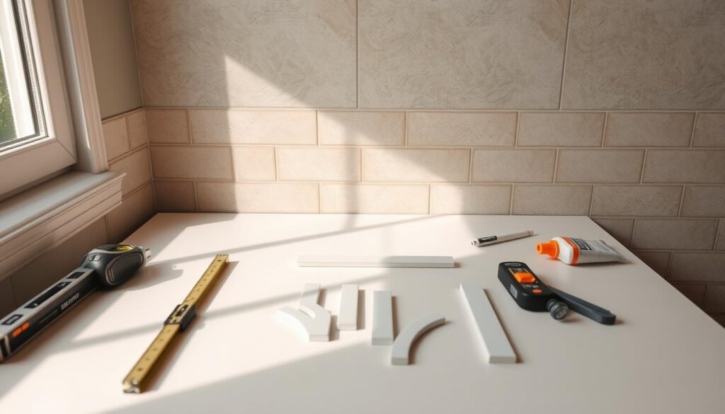 A detailed workspace preparing for mounting corner strips on tiled surfaces. In the foreground, there’s a clean, organized table with tools such as a measuring tape, level, and adhesive, alongside neatly cut corner strips. The background features a partially tiled wall that highlights a section of tiles with a gentle sheen, representing an ideal installation surface. Natural light streams through a nearby window, casting soft shadows that create depth. The atmosphere is focused and calm, emphasizing preparation and precision in home improvement. The camera angle is slightly above the table, providing a comprehensive view of the setup without any people present. A detailed workspace preparing for mounting corner strips on tiled surfaces. In the foreground, there’s a clean, organized table with tools such as a measuring tape, level, and adhesive, alongside neatly cut corner strips. The background features a partially tiled wall that highlights a section of tiles with a gentle sheen, representing an ideal installation surface. Natural light streams through a nearby window, casting soft shadows that create depth. The atmosphere is focused and calm, emphasizing preparation and precision in home improvement. The camera angle is slightly above the table, providing a comprehensive view of the setup without any people present.