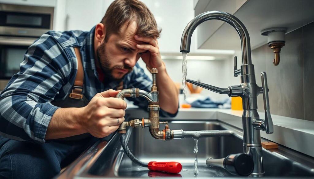 A frustrated plumber working on installing a kitchen faucet, kneeling next to a sink with pipes exposed and tools scattered around him. In the foreground, focus on the plumber's hands adjusting the complicated plumbing components, showcasing the intricacies and potential issues. In the middle, depict the partially installed faucet with water dripping, highlighting common installation pitfalls. The background shows a well-lit kitchen with modern cabinetry, emphasizing the contrast between the clean space and the chaotic installation process. The lighting is bright and illuminating, giving a realistic focus on the plumbing work while maintaining a professional atmosphere. The mood is tense, reflecting the challenges faced during DIY projects. A frustrated plumber working on installing a kitchen faucet, kneeling next to a sink with pipes exposed and tools scattered around him. In the foreground, focus on the plumber's hands adjusting the complicated plumbing components, showcasing the intricacies and potential issues. In the middle, depict the partially installed faucet with water dripping, highlighting common installation pitfalls. The background shows a well-lit kitchen with modern cabinetry, emphasizing the contrast between the clean space and the chaotic installation process. The lighting is bright and illuminating, giving a realistic focus on the plumbing work while maintaining a professional atmosphere. The mood is tense, reflecting the challenges faced during DIY projects.
