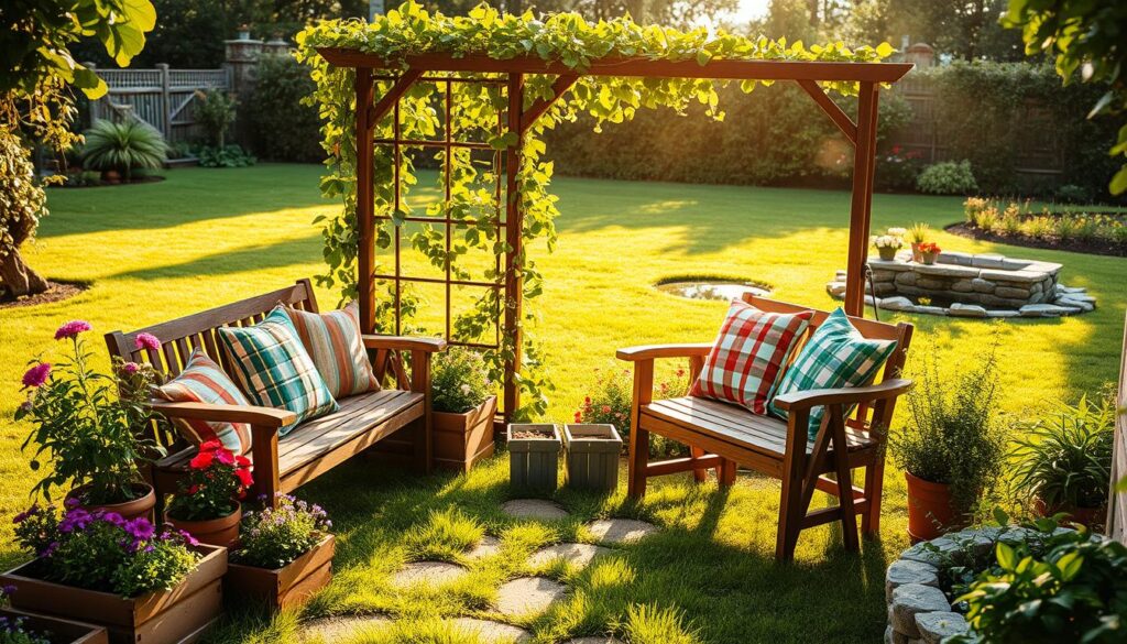 A functional garden corner beautifully designed for optimal use. In the foreground, a small wooden bench adorned with colorful cushions invites relaxation, surrounded by neatly arranged planters filled with vibrant flowers and herbs. In the middle ground, a trellis with climbing vines supports lush greenery, creating a cozy and serene atmosphere. The background features a soft, sunlit lawn, dotted with ornamental stones and a small water feature, reflecting sunlight. The scene bathed in warm, golden hour light enhances the tranquil mood. Capture this view from a slightly elevated angle to highlight the layout and harmony of nature. The overall image should evoke a sense of peace, practicality, and inspiration for functional garden design.