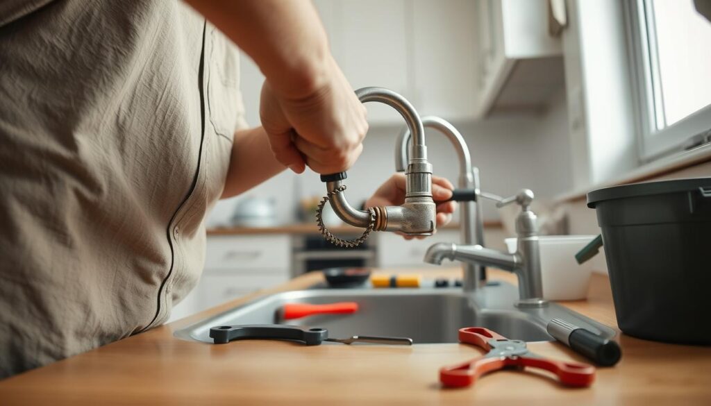A kitchen scene featuring a person wearing modest casual clothing, engaged in the process of removing an old faucet. In the foreground, the individual is holding a wrench, focused on loosening the fittings under the sink. The faucet is visibly aged and has signs of wear. In the middle ground, various tools are scattered on the kitchen countertop, including pliers and a bucket to catch water. The background showcases a clean kitchen environment with cabinets and a bright, natural light coming in through a window, creating a well-lit atmosphere. The angle is slightly above eye level, offering a clear view of the action and the kitchen layout, emphasizing the process of dismantling a sink fixture. The overall mood is practical and instructional. A kitchen scene featuring a person wearing modest casual clothing, engaged in the process of removing an old faucet. In the foreground, the individual is holding a wrench, focused on loosening the fittings under the sink. The faucet is visibly aged and has signs of wear. In the middle ground, various tools are scattered on the kitchen countertop, including pliers and a bucket to catch water. The background showcases a clean kitchen environment with cabinets and a bright, natural light coming in through a window, creating a well-lit atmosphere. The angle is slightly above eye level, offering a clear view of the action and the kitchen layout, emphasizing the process of dismantling a sink fixture. The overall mood is practical and instructional.