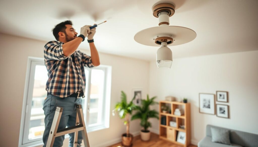 A knowledgeable individual, dressed in professional casual attire, is carefully installing a modern ceiling lamp in a well-lit living room. In the foreground, focus on the person using tools like a screwdriver, standing on a sturdy ladder. The middle ground features a sleek, contemporary ceiling lamp, partially assembled, with various electrical components visible. The background shows a cozy room, with soft colors on the walls, wooden flooring, and a few decorative items like a potted plant and framed pictures. Natural light filters through a nearby window, creating a warm and inviting atmosphere. The angle of the shot emphasizes the task at hand while ensuring the person's safety gear, such as gloves, is visible. A knowledgeable individual, dressed in professional casual attire, is carefully installing a modern ceiling lamp in a well-lit living room. In the foreground, focus on the person using tools like a screwdriver, standing on a sturdy ladder. The middle ground features a sleek, contemporary ceiling lamp, partially assembled, with various electrical components visible. The background shows a cozy room, with soft colors on the walls, wooden flooring, and a few decorative items like a potted plant and framed pictures. Natural light filters through a nearby window, creating a warm and inviting atmosphere. The angle of the shot emphasizes the task at hand while ensuring the person's safety gear, such as gloves, is visible.