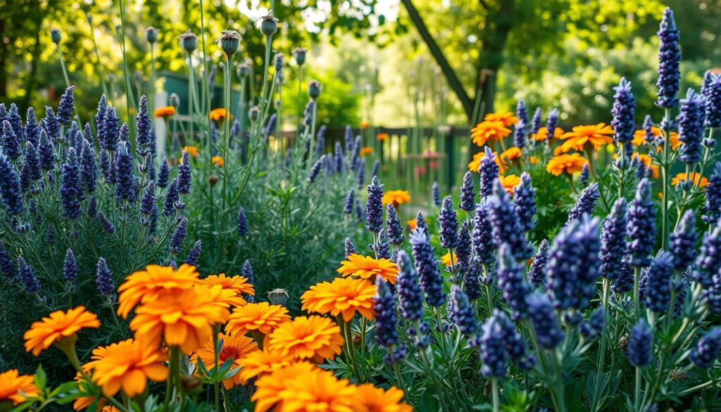 A lush garden filled with various plants known to deter martens. In the foreground, display vibrant marigolds and strong-scented lavender with their bright colors and textured leaves. In the middle ground, include taller, bushy plants like rosemary and sage, emphasizing their aromatic qualities. In the background, a serene natural setting with soft sunlight filtering through leafy branches creates a warm atmosphere. The scene should evoke a sense of tranquility and natural beauty, highlighting the role of these plants in keeping unwanted animals away from gardens. Use a slight depth of field to keep the focus on the plants while softening the background details for a peaceful garden ambiance. A lush garden filled with various plants known to deter martens. In the foreground, display vibrant marigolds and strong-scented lavender with their bright colors and textured leaves. In the middle ground, include taller, bushy plants like rosemary and sage, emphasizing their aromatic qualities. In the background, a serene natural setting with soft sunlight filtering through leafy branches creates a warm atmosphere. The scene should evoke a sense of tranquility and natural beauty, highlighting the role of these plants in keeping unwanted animals away from gardens. Use a slight depth of field to keep the focus on the plants while softening the background details for a peaceful garden ambiance.