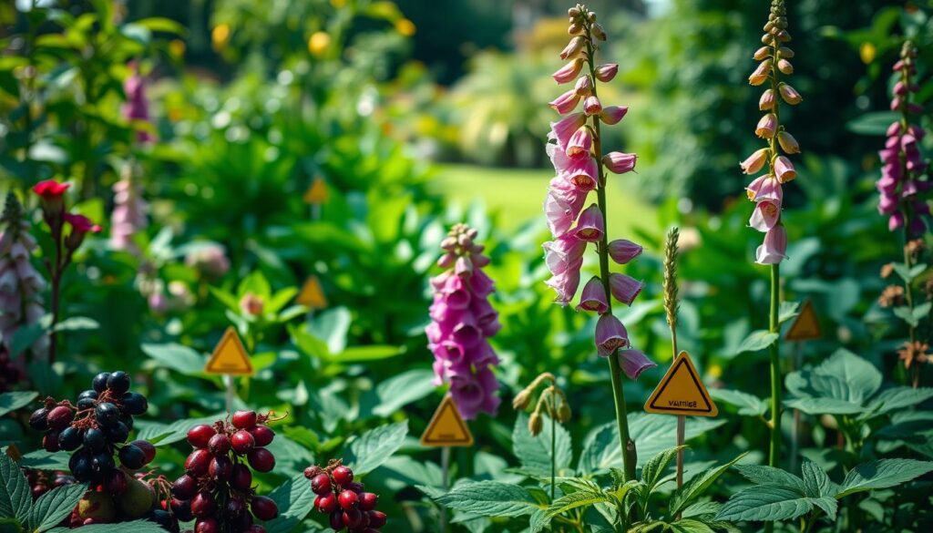 A lush garden scene featuring a variety of poisonous plants. In the foreground, display striking specimens like Belladonna with its dark berries, and Foxglove with its bell-shaped flowers, both vivid and detailed. The middle ground should show a variety of leafy green plants with warning signs subtly indicating toxicity. In the background, create a blurred image of a serene garden setting under soft, natural daylight, casting gentle shadows. Choose a slightly elevated angle to capture the entire garden layout while keeping the focus on the poisonous plants. The mood should invoke caution yet remain visually appealing, emphasizing the beauty and danger of toxic plants. A lush garden scene featuring a variety of poisonous plants. In the foreground, display striking specimens like Belladonna with its dark berries, and Foxglove with its bell-shaped flowers, both vivid and detailed. The middle ground should show a variety of leafy green plants with warning signs subtly indicating toxicity. In the background, create a blurred image of a serene garden setting under soft, natural daylight, casting gentle shadows. Choose a slightly elevated angle to capture the entire garden layout while keeping the focus on the poisonous plants. The mood should invoke caution yet remain visually appealing, emphasizing the beauty and danger of toxic plants.