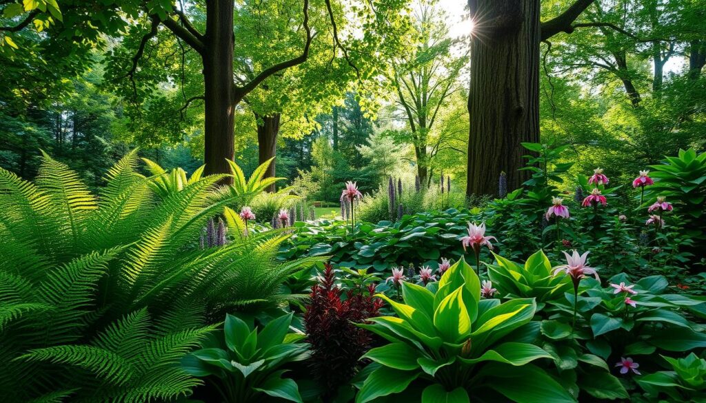 A lush garden scene showcasing shade-loving plants in vivid detail. In the foreground, a variety of ferns, hostas, and shade-tolerant flowers like astilbe and begonia are flourishing, their vibrant greens contrasting beautifully. The middle ground features dappled sunlight filtering through the leafy canopy above, creating a soft glow that highlights the textures of the plants. In the background, tall trees provide a natural frame, their trunks rugged and covered in moss. The atmosphere is serene and tranquil, evoking a sense of peaceful retreat. The composition is captured from a slightly elevated angle to provide depth, with even lighting that enhances the lush foliage without harsh shadows. The scene should reflect the beauty and diversity of shade-loving plants in their natural habitat.