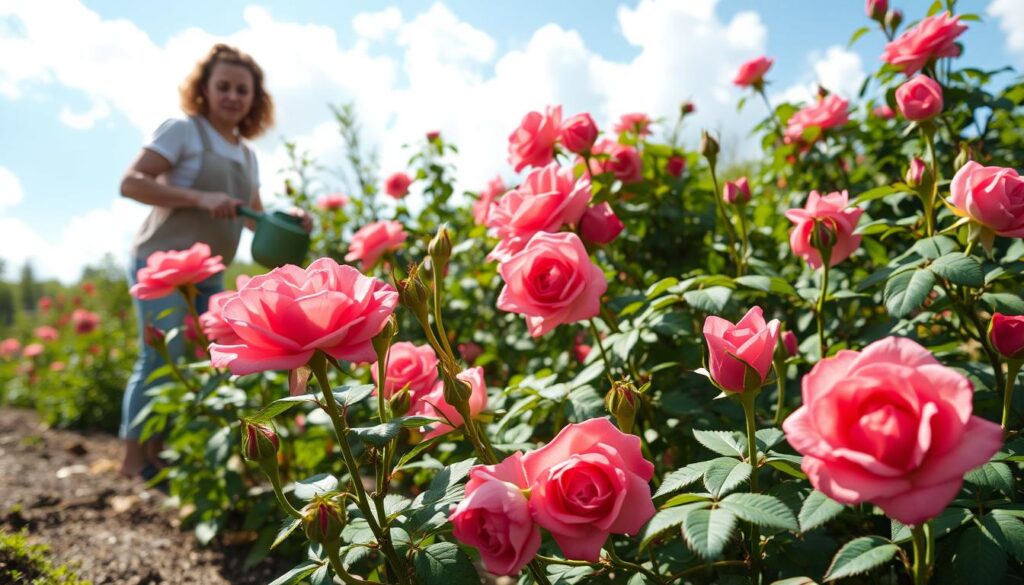 A lush garden scene showcasing the revival of roses after winter, focusing on vibrant pink and red blooms emerging from healthy green foliage. In the foreground, a gardener in modest casual clothing carefully tends to the roses, pruning dead stems and watering the soil. The middle ground features a variety of blooming roses, some budded and others in full bloom, showcasing their rich textures and colors. In the background, a clear blue sky contrasts with fluffy white clouds, filtering soft sunlight that illuminates the flowers, creating a warm, inviting atmosphere. The angle captures a slightly elevated view, emphasizing the growth and beauty of the revived roses. The overall mood is one of rejuvenation and hope. A lush garden scene showcasing the revival of roses after winter, focusing on vibrant pink and red blooms emerging from healthy green foliage. In the foreground, a gardener in modest casual clothing carefully tends to the roses, pruning dead stems and watering the soil. The middle ground features a variety of blooming roses, some budded and others in full bloom, showcasing their rich textures and colors. In the background, a clear blue sky contrasts with fluffy white clouds, filtering soft sunlight that illuminates the flowers, creating a warm, inviting atmosphere. The angle captures a slightly elevated view, emphasizing the growth and beauty of the revived roses. The overall mood is one of rejuvenation and hope.