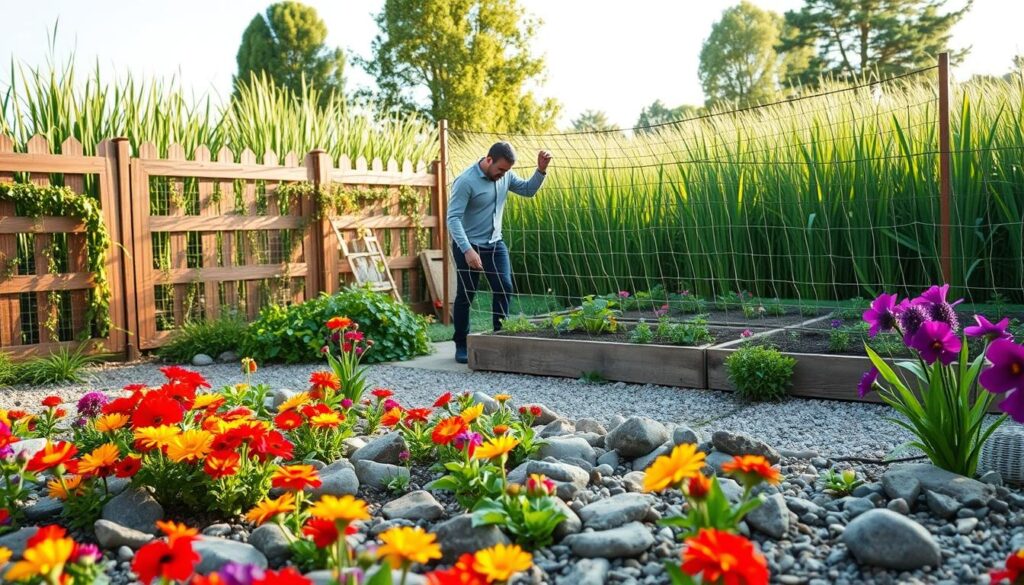 A lush garden scene showcasing various preventive methods against voles, with a focus on natural pest deterrents. In the foreground, a colorful flowerbed brimming with vibrant flowers intermingled with strategically placed rocks and gravel to deter burrowing. To the left, a sustainable wooden fence with hanging plants creating a natural barrier. In the middle ground, a gardener in modest casual clothing, diligently setting up a mesh barrier around a vegetable patch. The background features tall green grass and trees bathed in soft morning light, enhancing the peaceful and proactive atmosphere. The scene captures a harmonious coexistence with nature while addressing the issue effectively, conveying a sense of hope and determination. The perspective is slightly elevated to encompass the entire garden layout. A lush garden scene showcasing various preventive methods against voles, with a focus on natural pest deterrents. In the foreground, a colorful flowerbed brimming with vibrant flowers intermingled with strategically placed rocks and gravel to deter burrowing. To the left, a sustainable wooden fence with hanging plants creating a natural barrier. In the middle ground, a gardener in modest casual clothing, diligently setting up a mesh barrier around a vegetable patch. The background features tall green grass and trees bathed in soft morning light, enhancing the peaceful and proactive atmosphere. The scene captures a harmonious coexistence with nature while addressing the issue effectively, conveying a sense of hope and determination. The perspective is slightly elevated to encompass the entire garden layout.