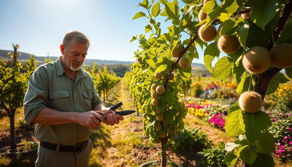 A lush orchard scene showcasing kiwi plants being cared for by a gardener. In the foreground, a middle-aged gardener in modest casual clothing is carefully pruning healthy kiwi vines, using garden shears, with bright green leaves and fuzzy kiwi fruits peeking through. The middle section features rows of kiwi trellises under a clear blue sky, with sunlight spilling through the lush foliage, creating dappled shadows on the ground. In the background, soft hills and a vibrant garden with blooming flowers add depth to the scene. The atmosphere is serene and productive, emphasizing the nurturing aspect of gardening. The lighting is warm and inviting, suggesting the golden hour of late afternoon. A lush orchard scene showcasing kiwi plants being cared for by a gardener. In the foreground, a middle-aged gardener in modest casual clothing is carefully pruning healthy kiwi vines, using garden shears, with bright green leaves and fuzzy kiwi fruits peeking through. The middle section features rows of kiwi trellises under a clear blue sky, with sunlight spilling through the lush foliage, creating dappled shadows on the ground. In the background, soft hills and a vibrant garden with blooming flowers add depth to the scene. The atmosphere is serene and productive, emphasizing the nurturing aspect of gardening. The lighting is warm and inviting, suggesting the golden hour of late afternoon.