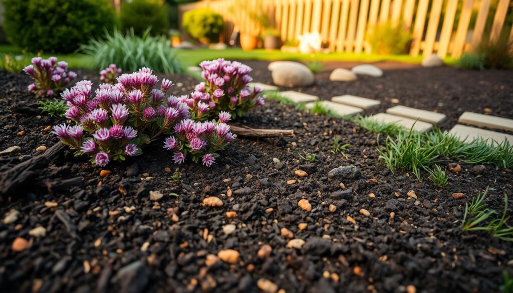 A lush, vibrant garden scene showcasing ideal soil for heathers, specifically designed for healthy growth. In the foreground, rich, dark, loamy soil is scattered with organic matter and small pebbles, emphasizing its texture and fertility. Delicate clumps of heather plants, in various shades of pink and purple, thrive amidst the earth, their blossoms attracting bees and butterflies. The middle ground features patches of green grass and ornamental stones, creating a natural flow. In the background, softly blurred garden elements like shrubs and a wooden fence bathed in warm sunlight evoke a serene atmosphere. The scene is captured from a slight overhead angle using a soft focus lens, with gentle lighting to highlight the soil's moisture and the vivid colors of the heather plants, imparting a sense of tranquility and life in a well-tended garden. A lush, vibrant garden scene showcasing ideal soil for heathers, specifically designed for healthy growth. In the foreground, rich, dark, loamy soil is scattered with organic matter and small pebbles, emphasizing its texture and fertility. Delicate clumps of heather plants, in various shades of pink and purple, thrive amidst the earth, their blossoms attracting bees and butterflies. The middle ground features patches of green grass and ornamental stones, creating a natural flow. In the background, softly blurred garden elements like shrubs and a wooden fence bathed in warm sunlight evoke a serene atmosphere. The scene is captured from a slight overhead angle using a soft focus lens, with gentle lighting to highlight the soil's moisture and the vivid colors of the heather plants, imparting a sense of tranquility and life in a well-tended garden.