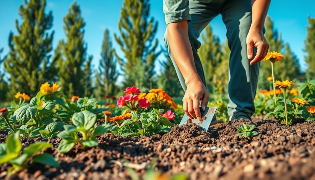 A lush, vibrant garden scene showcasing natural methods to combat grubs. In the foreground, a gardener, dressed in modest casual clothing, gently turns over soil with a hand trowel, revealing several healthy plants and some organic pest control ingredients like diatomaceous earth and neem oil. The middle ground features colorful flowering plants, surrounded by herbs known to deter pests, like basil and marigolds. The background is filled with tall, green trees and a clear blue sky, suggesting a sunny day. Soft, warm lighting enhances the atmosphere, complementing the sense of tranquility and careful cultivation. The overall mood is peaceful and hopeful, highlighting the harmony between nature and sustainable gardening practices. A lush, vibrant garden scene showcasing natural methods to combat grubs. In the foreground, a gardener, dressed in modest casual clothing, gently turns over soil with a hand trowel, revealing several healthy plants and some organic pest control ingredients like diatomaceous earth and neem oil. The middle ground features colorful flowering plants, surrounded by herbs known to deter pests, like basil and marigolds. The background is filled with tall, green trees and a clear blue sky, suggesting a sunny day. Soft, warm lighting enhances the atmosphere, complementing the sense of tranquility and careful cultivation. The overall mood is peaceful and hopeful, highlighting the harmony between nature and sustainable gardening practices.
