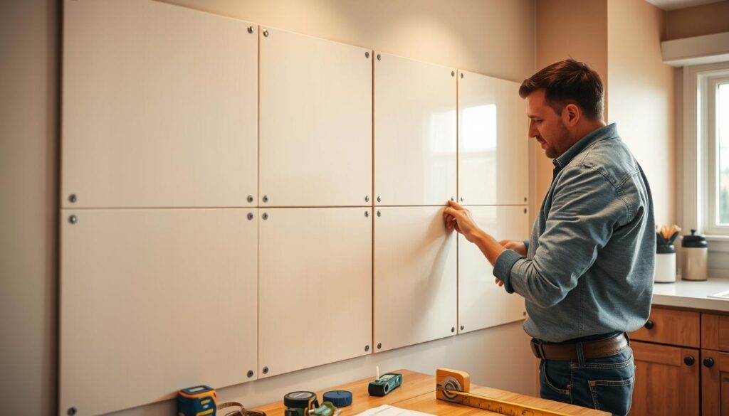 A modern kitchen wall undergoing soundproofing, showcasing a partially finished installation with thick acoustic panels applied. In the foreground, a skilled professional in modest casual clothing is carefully measuring and fitting the panels, demonstrating precision and attention to detail. The middle ground features various tools like a measuring tape, a level, and adhesive, emphasizing a focused workflow. The background shows a cozy kitchen setting with warm, ambient lighting from a nearby window, casting soft shadows that enhance the homey atmosphere. The overall mood conveys a sense of craftsmanship and dedication to creating a solid, quiet space, highlighting the importance of wall soundproofing in kitchen environments. A modern kitchen wall undergoing soundproofing, showcasing a partially finished installation with thick acoustic panels applied. In the foreground, a skilled professional in modest casual clothing is carefully measuring and fitting the panels, demonstrating precision and attention to detail. The middle ground features various tools like a measuring tape, a level, and adhesive, emphasizing a focused workflow. The background shows a cozy kitchen setting with warm, ambient lighting from a nearby window, casting soft shadows that enhance the homey atmosphere. The overall mood conveys a sense of craftsmanship and dedication to creating a solid, quiet space, highlighting the importance of wall soundproofing in kitchen environments.