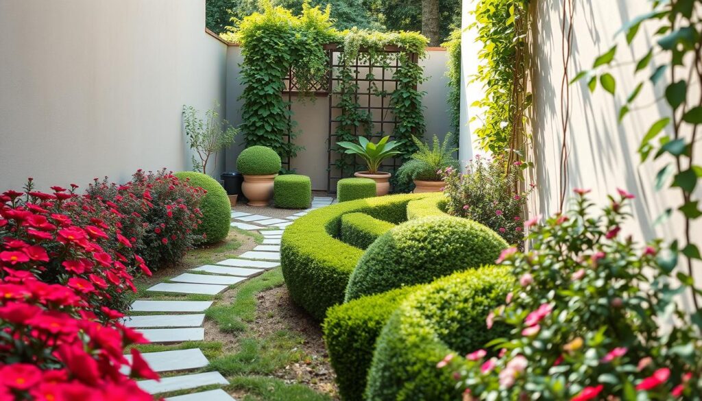 A narrow, elegantly designed garden, highlighting creative landscaping ideas for enhancing the perception of space. In the foreground, a winding stone path flanked by vibrant flowers in rich colors leads into the garden. The middle ground features well-manicured shrubs shaped into soft, inviting curves, with strategically placed planters overflowing with lush greenery. In the background, a trellis covered in climbing vines adds height and depth, creating an illusion of a wider area. Soft sunlight filters through the leaves, casting gentle shadows that evoke a tranquil atmosphere. The perspective is slightly bird’s eye, showcasing the layout of the garden, with a focus on the harmony of plants and paths. This serene scene reflects a distinct, professional approach to narrow garden design.