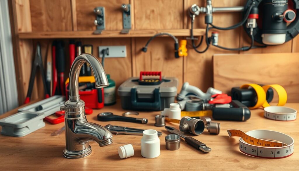 A neatly arranged workbench filled with various tools and materials needed for faucet installation. In the foreground, a shiny faucet, plumbing pipes, and fittings are prominently displayed, showcasing their details. In the middle ground, toolboxes, a wrench, and a measuring tape are spread out, with a roll of plumbing tape nearby. The background features a partially constructed wall with mounting brackets and water supply lines, emphasizing the installation context. Soft, warm lighting enhances the focus on the materials, creating a professional and inviting atmosphere. The scene is captured from a slightly elevated angle to provide a comprehensive view of the workspace, highlighting the importance of proper installation materials for a home exterior faucet. A neatly arranged workbench filled with various tools and materials needed for faucet installation. In the foreground, a shiny faucet, plumbing pipes, and fittings are prominently displayed, showcasing their details. In the middle ground, toolboxes, a wrench, and a measuring tape are spread out, with a roll of plumbing tape nearby. The background features a partially constructed wall with mounting brackets and water supply lines, emphasizing the installation context. Soft, warm lighting enhances the focus on the materials, creating a professional and inviting atmosphere. The scene is captured from a slightly elevated angle to provide a comprehensive view of the workspace, highlighting the importance of proper installation materials for a home exterior faucet.