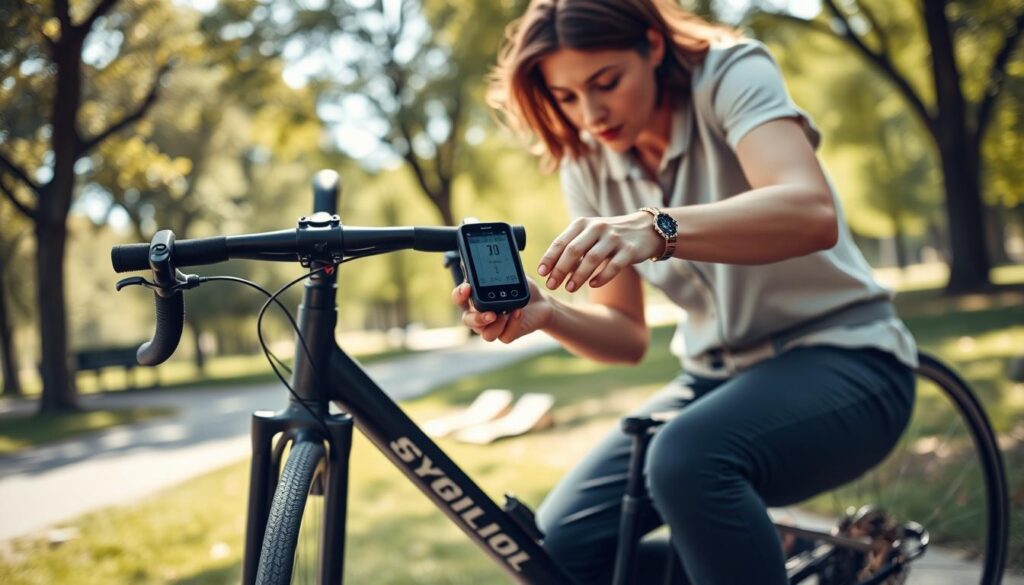 A person in a modest casual outfit is kneeling next to a bicycle, attentively installing a wireless bike computer. The foreground captures the individual’s hands delicately attaching the device to the bike's handlebars, with focused expressions highlighting determination. In the middle ground, the bicycle is prominently displayed, featuring clear details of the bike's frame, wheels, and the sleek wireless computer. The background consists of a sunny park setting with green trees and a pathway, conveying an outdoor vibe. Soft natural lighting creates a warm atmosphere, reflecting a leisurely afternoon. The angle is slightly elevated, providing a comprehensive view of the installation process while emphasizing the bike's components. A person in a modest casual outfit is kneeling next to a bicycle, attentively installing a wireless bike computer. The foreground captures the individual’s hands delicately attaching the device to the bike's handlebars, with focused expressions highlighting determination. In the middle ground, the bicycle is prominently displayed, featuring clear details of the bike's frame, wheels, and the sleek wireless computer. The background consists of a sunny park setting with green trees and a pathway, conveying an outdoor vibe. Soft natural lighting creates a warm atmosphere, reflecting a leisurely afternoon. The angle is slightly elevated, providing a comprehensive view of the installation process while emphasizing the bike's components.