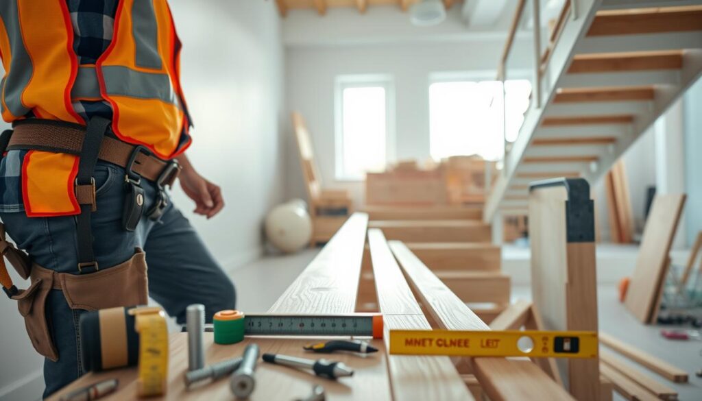 A professional carpenter installing wooden slats near a staircase in a well-lit, modern interior. The carpenter, dressed in a safety vest and tool belt, is focused on carefully aligning the slats along the steps. In the foreground, there are tools like a measuring tape, screws, and a level. The middle ground features the staircase with newly installed slats, showcasing the textures of the wood. The background includes a well-organized workspace with construction materials and gentle natural lighting streaming in from a window, creating a warm and inviting atmosphere. The overall mood is one of craftsmanship and safety, highlighting the importance of proper installation techniques. A professional carpenter installing wooden slats near a staircase in a well-lit, modern interior. The carpenter, dressed in a safety vest and tool belt, is focused on carefully aligning the slats along the steps. In the foreground, there are tools like a measuring tape, screws, and a level. The middle ground features the staircase with newly installed slats, showcasing the textures of the wood. The background includes a well-organized workspace with construction materials and gentle natural lighting streaming in from a window, creating a warm and inviting atmosphere. The overall mood is one of craftsmanship and safety, highlighting the importance of proper installation techniques.