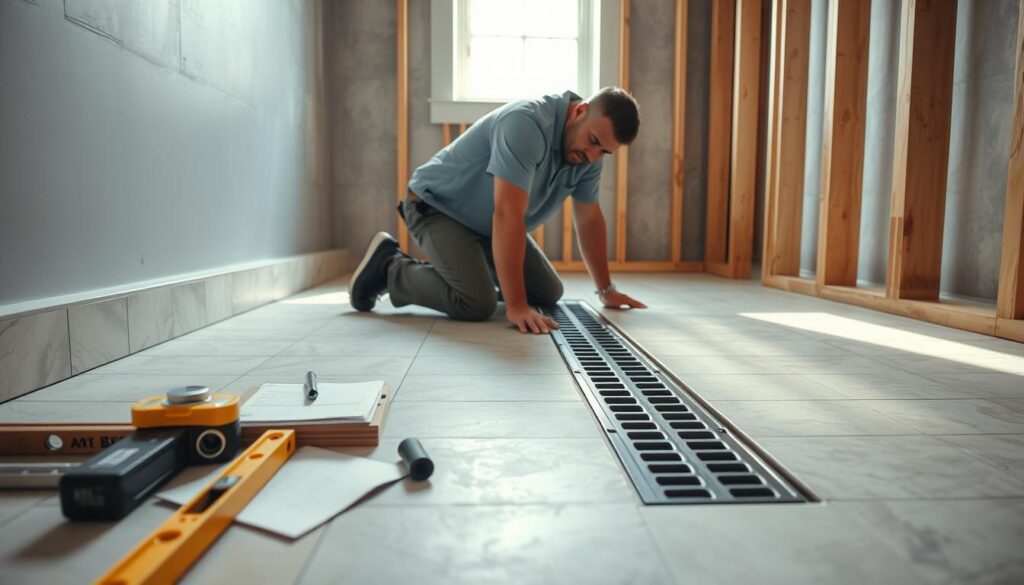 A professional contractor is kneeling on a partially constructed bathroom floor, carefully measuring and creating a slope for a linear drain installation. In the foreground, a level tool and a notepad with dimensions are placed beside a neatly arranged set of tiling materials. The middle section showcases the tiled floor, angled towards the linear drain positioned at one end, demonstrating the downward slope towards it. In the background, the bathroom walls are framed but not yet finished, with natural light streaming through a window, illuminating the scene with a bright, focused atmosphere. Soft shadows create depth, while the overall mood conveys precision and professionalism in home renovation work. A professional contractor is kneeling on a partially constructed bathroom floor, carefully measuring and creating a slope for a linear drain installation. In the foreground, a level tool and a notepad with dimensions are placed beside a neatly arranged set of tiling materials. The middle section showcases the tiled floor, angled towards the linear drain positioned at one end, demonstrating the downward slope towards it. In the background, the bathroom walls are framed but not yet finished, with natural light streaming through a window, illuminating the scene with a bright, focused atmosphere. Soft shadows create depth, while the overall mood conveys precision and professionalism in home renovation work.