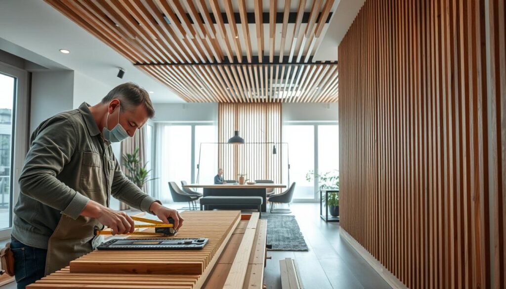 A professional interior setting featuring the installation of wall-to-ceiling wood slats (lameli) in a modern living room. In the foreground, a skilled worker wearing modest casual clothing is carefully measuring and cutting slats, showcasing attention to detail. In the middle ground, the slats are partially installed, highlighting the bespoke design and texture of the wood. The background features a well-lit room with soft natural light filtering through large windows, creating an inviting atmosphere. Use a wide-angle lens for a dynamic perspective, capturing the scale of the room. The mood should be focused and productive, emphasizing craftsmanship and the elegance of wooden slats in interior design. A professional interior setting featuring the installation of wall-to-ceiling wood slats (lameli) in a modern living room. In the foreground, a skilled worker wearing modest casual clothing is carefully measuring and cutting slats, showcasing attention to detail. In the middle ground, the slats are partially installed, highlighting the bespoke design and texture of the wood. The background features a well-lit room with soft natural light filtering through large windows, creating an inviting atmosphere. Use a wide-angle lens for a dynamic perspective, capturing the scale of the room. The mood should be focused and productive, emphasizing craftsmanship and the elegance of wooden slats in interior design.