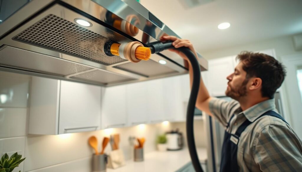 A professional technician in modest casual clothing is actively cleaning a kitchen ventilation grille. The foreground showcases the technician using a specialized brush and vacuum attachment, focusing on the dust and debris being removed from the grille. In the middle ground, the kitchen features modern appliances and clean countertops, with well-organized utensils and a small plant for a homely touch. The background reveals a softly lit atmosphere, coming from under-cabinet lights that illuminate the scene without harsh shadows. The image captures a sense of cleanliness and maintenance, evoking a feeling of diligence and attention to detail in home care. The angle is slightly above eye level, providing a comprehensive view of the cleaning process. A professional technician in modest casual clothing is actively cleaning a kitchen ventilation grille. The foreground showcases the technician using a specialized brush and vacuum attachment, focusing on the dust and debris being removed from the grille. In the middle ground, the kitchen features modern appliances and clean countertops, with well-organized utensils and a small plant for a homely touch. The background reveals a softly lit atmosphere, coming from under-cabinet lights that illuminate the scene without harsh shadows. The image captures a sense of cleanliness and maintenance, evoking a feeling of diligence and attention to detail in home care. The angle is slightly above eye level, providing a comprehensive view of the cleaning process.