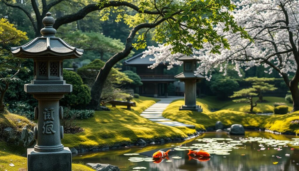 A serene Japanese garden featuring elegant small architecture elements. In the foreground, a traditional stone lantern, intricately carved, stands beside a tranquil koi pond, its surface reflecting the surrounding greenery. The middle ground showcases a finely manicured path lined with lush moss and delicate cherry blossom trees, their petals gently falling. In the background, a rustic wooden pagoda peeks through the foliage, adding cultural depth. Soft, natural lighting filters through the trees, casting dappled shadows and enhancing the peaceful atmosphere. A slight mist envelops the scene, creating a dreamlike quality. Capture this tranquil moment from a slightly elevated angle, focusing on the harmony and balance typical of Japanese garden design. No people present, just a celebration of natural beauty and architectural harmony. A serene Japanese garden featuring elegant small architecture elements. In the foreground, a traditional stone lantern, intricately carved, stands beside a tranquil koi pond, its surface reflecting the surrounding greenery. The middle ground showcases a finely manicured path lined with lush moss and delicate cherry blossom trees, their petals gently falling. In the background, a rustic wooden pagoda peeks through the foliage, adding cultural depth. Soft, natural lighting filters through the trees, casting dappled shadows and enhancing the peaceful atmosphere. A slight mist envelops the scene, creating a dreamlike quality. Capture this tranquil moment from a slightly elevated angle, focusing on the harmony and balance typical of Japanese garden design. No people present, just a celebration of natural beauty and architectural harmony.