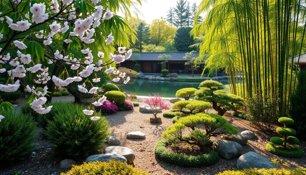 A serene Japanese garden filled with a variety of lush, green plants, showcasing a harmonious blend of traditional elements. In the foreground, delicate cherry blossom trees with pale pink flowers gently sway in a soft breeze. The middle ground features meticulously arranged shrubs, including azaleas and bonsai trees, with smooth, rounded stones interspersed among them. In the background, a tranquil pond reflects the sky, framed by verdant ferns and bamboo stalks that sway gently. Soft, warm sunlight filters through the trees, casting dappled shadows on the ground, creating a peaceful, meditative atmosphere. The scene is captured from a slightly elevated angle, offering depth and perspective to the garden's layout, inviting the viewer to explore its natural beauty. A serene Japanese garden filled with a variety of lush, green plants, showcasing a harmonious blend of traditional elements. In the foreground, delicate cherry blossom trees with pale pink flowers gently sway in a soft breeze. The middle ground features meticulously arranged shrubs, including azaleas and bonsai trees, with smooth, rounded stones interspersed among them. In the background, a tranquil pond reflects the sky, framed by verdant ferns and bamboo stalks that sway gently. Soft, warm sunlight filters through the trees, casting dappled shadows on the ground, creating a peaceful, meditative atmosphere. The scene is captured from a slightly elevated angle, offering depth and perspective to the garden's layout, inviting the viewer to explore its natural beauty.
