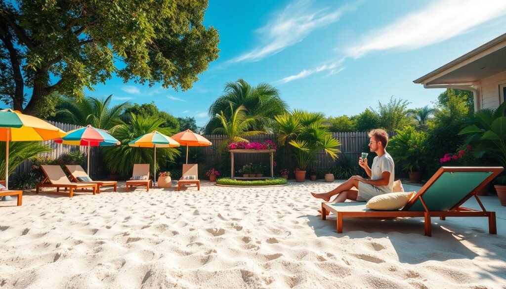 A serene backyard scene featuring a beautifully designed beach area in a garden. In the foreground, soft white sand is laid out, dotted with colorful beach umbrellas and comfortable lounge chairs arranged for relaxation. In the middle ground, a small decorative beach area is surrounded by lush green plants, vibrant flowers, and splashes of tropical décor, giving it a vibrant yet tranquil feel. The background showcases a clear blue sky with gentle sunlight streaming down, enhancing the warm, inviting atmosphere. A few people in modest casual clothing are enjoying the space, reading and sipping drinks, embodying a laid-back vibe. The image captures a picturesque angle that emphasizes both the beach-like quality of the garden and the soothing ambiance of a personal relaxation zone. A serene backyard scene featuring a beautifully designed beach area in a garden. In the foreground, soft white sand is laid out, dotted with colorful beach umbrellas and comfortable lounge chairs arranged for relaxation. In the middle ground, a small decorative beach area is surrounded by lush green plants, vibrant flowers, and splashes of tropical décor, giving it a vibrant yet tranquil feel. The background showcases a clear blue sky with gentle sunlight streaming down, enhancing the warm, inviting atmosphere. A few people in modest casual clothing are enjoying the space, reading and sipping drinks, embodying a laid-back vibe. The image captures a picturesque angle that emphasizes both the beach-like quality of the garden and the soothing ambiance of a personal relaxation zone.