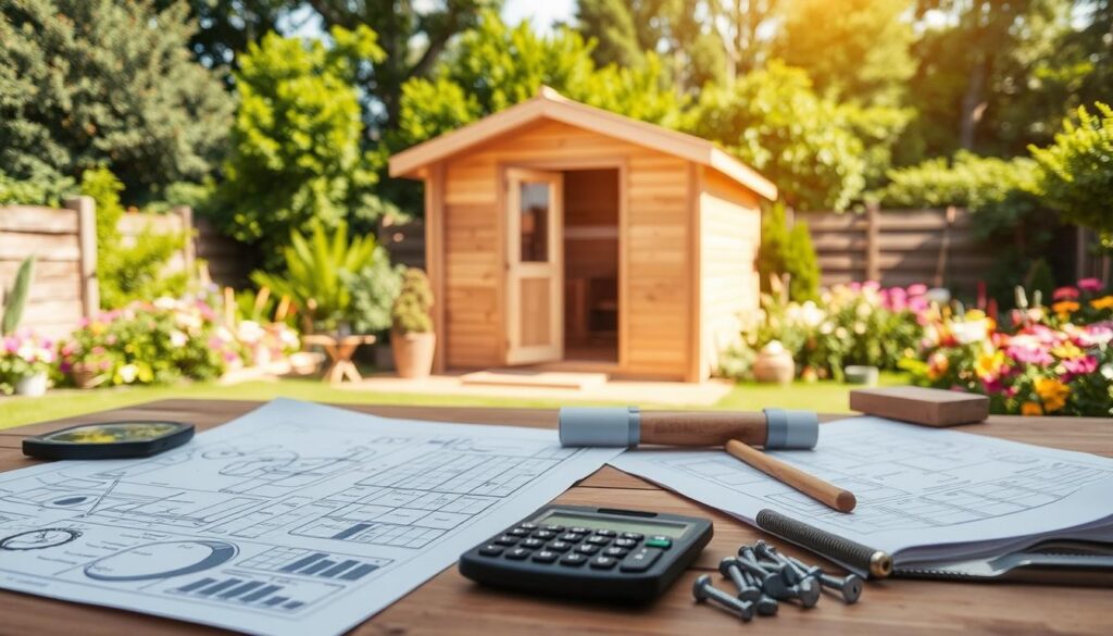 A serene backyard scene showcasing the construction costs of a garden sauna. In the foreground, there are detailed drawings and blueprints spread out on a wooden table, symbolizing planning and budgeting, alongside a calculator and various building materials like wood planks and screws. In the middle, a partially built sauna stands, made of natural wood with a welcoming door and large windows, surrounded by tools like a hammer and saw, emphasizing the DIY aspect. The background features a lush garden with greenery and colorful flowers, bathed in warm sunlight to create a peaceful atmosphere. The scene is captured from a slightly elevated angle, enhancing depth and vibrancy, and evoking a sense of ambition and tranquility.