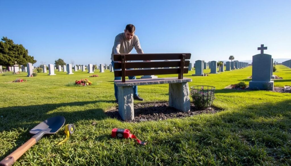 A serene cemetery scene depicting a professional individual in modest casual attire, carefully installing a sturdy stone or metal bench on a well-maintained grassy area. In the foreground, tools like a shovel, level, and measuring tape are placed neatly beside the bench. In the middle ground, the bench is partially in place, showcasing the installation process, while surrounding flowers and shrubs add a touch of color. The background features neatly arranged gravestones under a clear blue sky, with soft, natural lighting casting gentle shadows, creating a peaceful atmosphere. The image captures a sense of respect and tranquility, ideal for instructional purposes. A serene cemetery scene depicting a professional individual in modest casual attire, carefully installing a sturdy stone or metal bench on a well-maintained grassy area. In the foreground, tools like a shovel, level, and measuring tape are placed neatly beside the bench. In the middle ground, the bench is partially in place, showcasing the installation process, while surrounding flowers and shrubs add a touch of color. The background features neatly arranged gravestones under a clear blue sky, with soft, natural lighting casting gentle shadows, creating a peaceful atmosphere. The image captures a sense of respect and tranquility, ideal for instructional purposes.