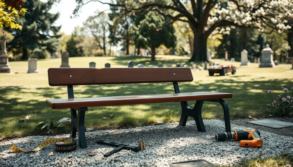 A serene cemetery scene showcasing practical bench installation tips. In the foreground, a well-designed wooden bench with metal supports, sitting on a solid, gravel base. Tools like a measuring tape, a level, and a drill are neatly arranged beside the bench, emphasizing the installation process. The middle ground features a gently sloping grassy area with gravestones, providing context. In the background, mature trees and blooming flowers create a peaceful atmosphere, filtered sunlight casting soft shadows. The image should be captured from a low angle, with a shallow depth of field to focus on the bench and tools, evoking a calm, respectful mood suitable for a cemetery setting. No people present. A serene cemetery scene showcasing practical bench installation tips. In the foreground, a well-designed wooden bench with metal supports, sitting on a solid, gravel base. Tools like a measuring tape, a level, and a drill are neatly arranged beside the bench, emphasizing the installation process. The middle ground features a gently sloping grassy area with gravestones, providing context. In the background, mature trees and blooming flowers create a peaceful atmosphere, filtered sunlight casting soft shadows. The image should be captured from a low angle, with a shallow depth of field to focus on the bench and tools, evoking a calm, respectful mood suitable for a cemetery setting. No people present.