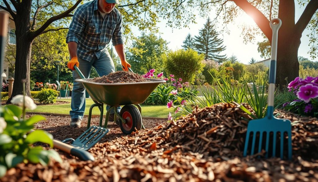 A serene garden scene capturing the process of efficiently spreading mulch, specifically bark. In the foreground, a knowledgeable gardener in casual work attire skillfully using a wheelbarrow filled with fresh bark. Nearby, an assortment of garden tools like a rake and gloves is neatly arranged. In the middle ground, a vibrant garden setting showcases blooming flowers and a variety of green plants, emphasizing the bark being applied around them for aesthetic and functional purposes. The background features a clear blue sky and gentle sunlight filtering through tree branches, creating a warm and inviting atmosphere. The mood is peaceful and productive, highlighting the care and effort involved in garden maintenance.