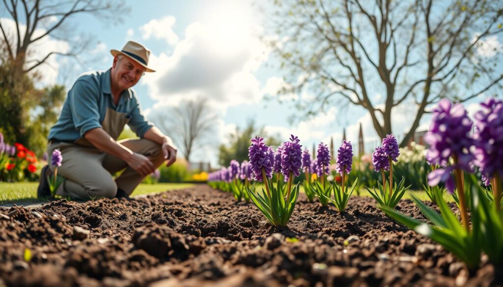 A serene garden scene depicting a gardener planting hyacinths. In the foreground, an enthusiastic gardener in modest casual clothing kneels beside a freshly tilled flowerbed, gently placing vibrant purple and pink hyacinth bulbs into the rich, dark soil. The middle ground should feature a variety of blooming flowers and green foliage, enhancing the garden's beauty. In the background, a clear blue sky with gentle clouds filters soft sunlight, casting a warm, inviting glow over the scene. The mood is tranquil and hopeful, capturing the spirit of spring planting and the joy of nurturing new life. Use a realistic style with a focus on bright, vivid colors and sharp details. The angle should be slightly elevated, providing a comprehensive view of the planting process while maintaining intimacy with the gardener's actions. A serene garden scene depicting a gardener planting hyacinths. In the foreground, an enthusiastic gardener in modest casual clothing kneels beside a freshly tilled flowerbed, gently placing vibrant purple and pink hyacinth bulbs into the rich, dark soil. The middle ground should feature a variety of blooming flowers and green foliage, enhancing the garden's beauty. In the background, a clear blue sky with gentle clouds filters soft sunlight, casting a warm, inviting glow over the scene. The mood is tranquil and hopeful, capturing the spirit of spring planting and the joy of nurturing new life. Use a realistic style with a focus on bright, vivid colors and sharp details. The angle should be slightly elevated, providing a comprehensive view of the planting process while maintaining intimacy with the gardener's actions.