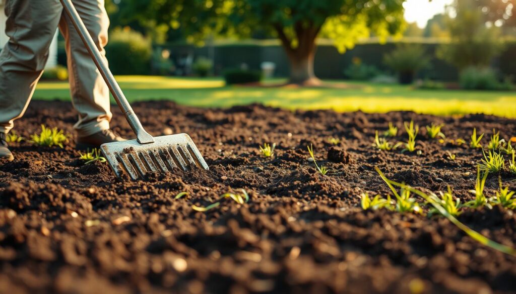 A serene garden scene depicting the preparation of soil for a new lawn. In the foreground, a gardener in modest casual clothing uses a rake to level dark, rich soil, ensuring a smooth surface. The middle section shows freshly turned earth, with faint traces of grass clippings and small gardening tools scattered about. In the background, a lush green landscape is partially visible, suggesting a well-maintained yard with trees and flowering plants under soft, warm sunlight. The scene is bathed in a golden hour glow, creating a tranquil and inviting atmosphere. The angle is slightly elevated, providing a clear view of the soil preparation while framing the beauty of the garden. The image is focused and vibrant, emphasizing the connection to nature and the importance of proper ground preparation. A serene garden scene depicting the preparation of soil for a new lawn. In the foreground, a gardener in modest casual clothing uses a rake to level dark, rich soil, ensuring a smooth surface. The middle section shows freshly turned earth, with faint traces of grass clippings and small gardening tools scattered about. In the background, a lush green landscape is partially visible, suggesting a well-maintained yard with trees and flowering plants under soft, warm sunlight. The scene is bathed in a golden hour glow, creating a tranquil and inviting atmosphere. The angle is slightly elevated, providing a clear view of the soil preparation while framing the beauty of the garden. The image is focused and vibrant, emphasizing the connection to nature and the importance of proper ground preparation.