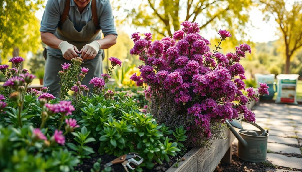 A serene garden scene focused on the maintenance of heather plants. In the foreground, a gardener in modest casual clothing carefully prunes vibrant purple and pink heather, showcasing their delicate flowers and lush green foliage. In the middle ground, various gardening tools like shears and a watering can are neatly arranged on a wooden bench, with soil and fertilizer bags nearby indicating readiness for care. The background features a bright afternoon sky with soft, dappled sunlight filtering through light green trees, casting gentle shadows on the garden pathway. The overall atmosphere is tranquil and inviting, evoking a sense of nurturing and love for gardening. A serene garden scene focused on the maintenance of heather plants. In the foreground, a gardener in modest casual clothing carefully prunes vibrant purple and pink heather, showcasing their delicate flowers and lush green foliage. In the middle ground, various gardening tools like shears and a watering can are neatly arranged on a wooden bench, with soil and fertilizer bags nearby indicating readiness for care. The background features a bright afternoon sky with soft, dappled sunlight filtering through light green trees, casting gentle shadows on the garden pathway. The overall atmosphere is tranquil and inviting, evoking a sense of nurturing and love for gardening.