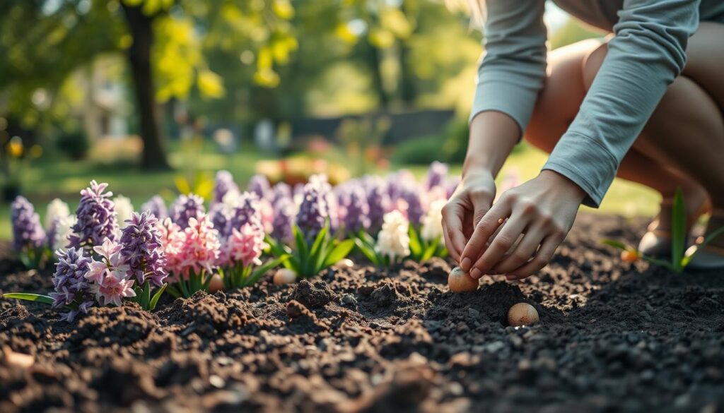 A serene garden scene focused on the process of planting hyacinths. In the foreground, a gardener in modest casual clothing kneels in rich, dark soil, carefully placing hyacinth bulbs into the ground. Her hands are gently covered in soil, showcasing a hands-on planting technique. In the middle ground, vibrant clusters of blooming hyacinths in shades of purple, pink, and white create a colorful patch, surrounded by fresh, green leaves, indicating spring's arrival. The background features a gently blurred garden landscape with soft sunlight filtering through leafy trees, casting a warm glow. The atmosphere is calm and inviting, suggesting the joy of gardening and the anticipation of vibrant blooms to come. The image should have a shallow depth of field to emphasize the planting action while maintaining a bright, natural lighting to enhance the cheerful mood. A serene garden scene focused on the process of planting hyacinths. In the foreground, a gardener in modest casual clothing kneels in rich, dark soil, carefully placing hyacinth bulbs into the ground. Her hands are gently covered in soil, showcasing a hands-on planting technique. In the middle ground, vibrant clusters of blooming hyacinths in shades of purple, pink, and white create a colorful patch, surrounded by fresh, green leaves, indicating spring's arrival. The background features a gently blurred garden landscape with soft sunlight filtering through leafy trees, casting a warm glow. The atmosphere is calm and inviting, suggesting the joy of gardening and the anticipation of vibrant blooms to come. The image should have a shallow depth of field to emphasize the planting action while maintaining a bright, natural lighting to enhance the cheerful mood.
