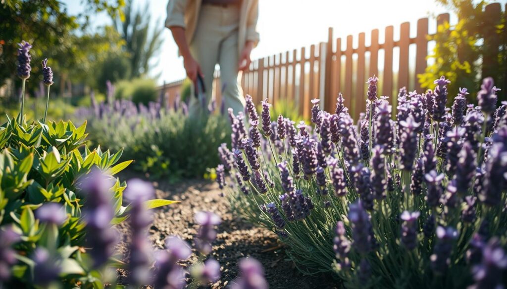 A serene garden scene focusing on lavender care. In the foreground, a gardener in modest casual clothing is gently pruning vibrant lavender plants, surrounded by rich green foliage. The middle ground features a variety of lavender blooms in shades of purple, contrasting beautifully with the deep earthy tones of the soil. Soft sunlight filters overhead, casting dappled light and creating a warm, inviting atmosphere. In the background, a rustic wooden fence and a clear blue sky enhance the idyllic setting, embodying the tranquility of garden maintenance. The image should have a slightly blurred background to emphasize the act of gardening and the beauty of the lavender, shot from a low angle to highlight the richness of the blooms. A serene garden scene focusing on lavender care. In the foreground, a gardener in modest casual clothing is gently pruning vibrant lavender plants, surrounded by rich green foliage. The middle ground features a variety of lavender blooms in shades of purple, contrasting beautifully with the deep earthy tones of the soil. Soft sunlight filters overhead, casting dappled light and creating a warm, inviting atmosphere. In the background, a rustic wooden fence and a clear blue sky enhance the idyllic setting, embodying the tranquility of garden maintenance. The image should have a slightly blurred background to emphasize the act of gardening and the beauty of the lavender, shot from a low angle to highlight the richness of the blooms.