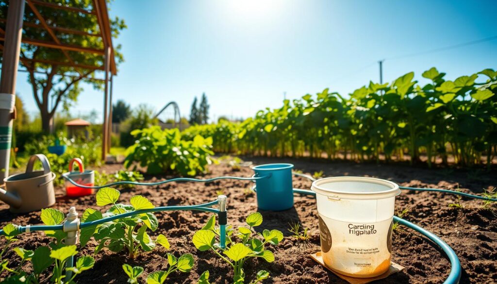 A serene garden scene illustrating a low-cost irrigation setup. In the foreground, a small, handmade drip irrigation system is shown next to vibrant green plants, with a watering can and recycled materials like buckets and tubing scattered around. The middle ground features a patch of lush vegetables growing in neat rows, with a visible hose gently watering the plants. The background showcases a clear blue sky, the sun shining brightly, casting soft shadows on the ground, evoking a warm, inviting atmosphere. The angle is slightly elevated, allowing for a clear view of the irrigation setup and the flourishing garden. The lighting is bright and natural, emphasizing the freshness of the garden scene. A serene garden scene illustrating a low-cost irrigation setup. In the foreground, a small, handmade drip irrigation system is shown next to vibrant green plants, with a watering can and recycled materials like buckets and tubing scattered around. The middle ground features a patch of lush vegetables growing in neat rows, with a visible hose gently watering the plants. The background showcases a clear blue sky, the sun shining brightly, casting soft shadows on the ground, evoking a warm, inviting atmosphere. The angle is slightly elevated, allowing for a clear view of the irrigation setup and the flourishing garden. The lighting is bright and natural, emphasizing the freshness of the garden scene.