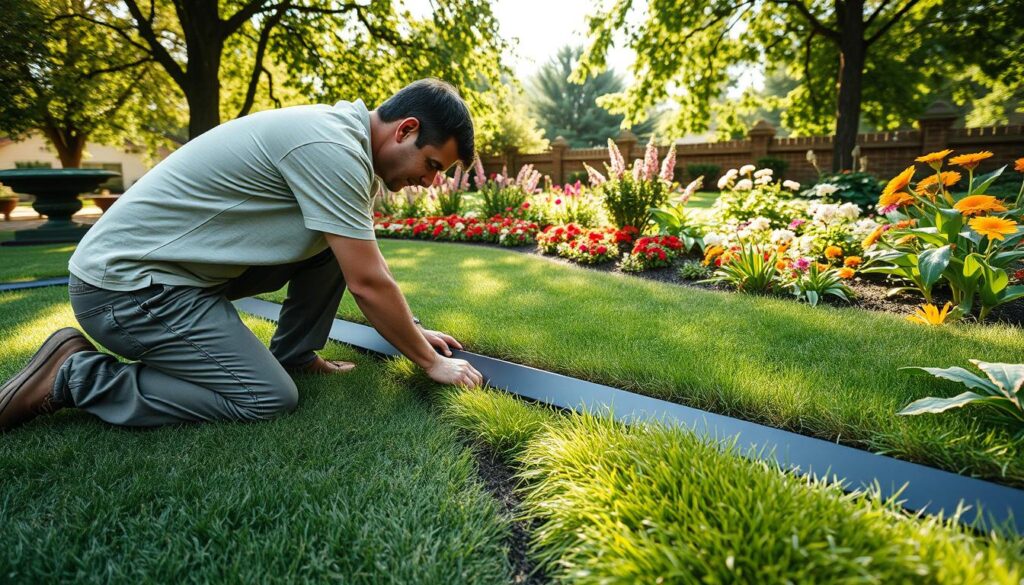 A serene garden scene illustrating the process of installing lawn edging. In the foreground, a skilled gardener in modest casual clothing is kneeling on a well-maintained lawn, carefully positioning a sleek, modern lawn edging material. The edging is made of dark plastic, providing a clean line between the grass and flowerbeds. In the middle ground, vibrant flower beds burst with color, featuring a variety of blooming plants. The background shows a sunny day, with dappled sunlight filtering through tree leaves, creating a warm, inviting atmosphere. The angle is slightly overhead, capturing the precision of the installation process and the lush greenery around. The overall mood is tranquil and focused, emphasizing the care in landscaping. A serene garden scene illustrating the process of installing lawn edging. In the foreground, a skilled gardener in modest casual clothing is kneeling on a well-maintained lawn, carefully positioning a sleek, modern lawn edging material. The edging is made of dark plastic, providing a clean line between the grass and flowerbeds. In the middle ground, vibrant flower beds burst with color, featuring a variety of blooming plants. The background shows a sunny day, with dappled sunlight filtering through tree leaves, creating a warm, inviting atmosphere. The angle is slightly overhead, capturing the precision of the installation process and the lush greenery around. The overall mood is tranquil and focused, emphasizing the care in landscaping.