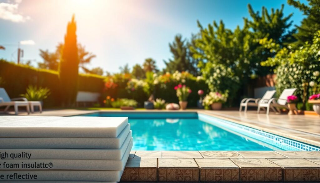 A serene garden scene showcasing a beautifully constructed outdoor swimming pool with thermal insulation. In the foreground, detailed close-up of high-quality insulating materials like foam boards and reflective wraps, indicating their application around the pool. The middle ground features the pool, surrounded by lush greenery, elegant tiles, and a clear blue water reflecting the sunlight. In the background, a peaceful garden setting with blooming flowers and a blue sky. The lighting is warm and inviting, simulating a sunny day, creating a relaxed atmosphere. Capture the image from a slightly elevated angle to emphasize both the insulation features and the inviting pool environment. Avoid any human figures to maintain focus on the insulation aspect. A serene garden scene showcasing a beautifully constructed outdoor swimming pool with thermal insulation. In the foreground, detailed close-up of high-quality insulating materials like foam boards and reflective wraps, indicating their application around the pool. The middle ground features the pool, surrounded by lush greenery, elegant tiles, and a clear blue water reflecting the sunlight. In the background, a peaceful garden setting with blooming flowers and a blue sky. The lighting is warm and inviting, simulating a sunny day, creating a relaxed atmosphere. Capture the image from a slightly elevated angle to emphasize both the insulation features and the inviting pool environment. Avoid any human figures to maintain focus on the insulation aspect.