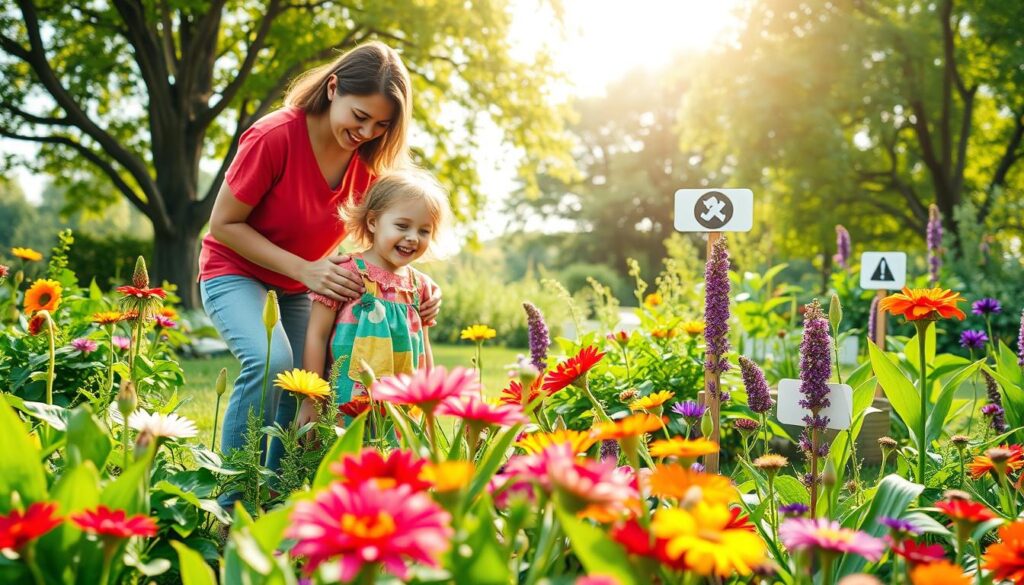 A serene garden scene showcasing a safe environment for children. In the foreground, a joyful child, dressed in colorful clothes, explores the garden while closely supervised by a caring adult, who is wearing casual, modest attire. Their interaction is warm and attentive. In the middle ground, vibrant flowers and lush greenery are present, highlighting both beautiful and non-toxic plants, while a few identifiable poisonous plants can be subtly illustrated, marked with a cautionary sign. The background features a sunny sky with soft, diffused light filtering through the trees, creating a peaceful and safe atmosphere. The composition should evoke a sense of safety and guardianship in a gardening setting, emphasizing awareness of hazardous plants while celebrating nature's beauty. A serene garden scene showcasing a safe environment for children. In the foreground, a joyful child, dressed in colorful clothes, explores the garden while closely supervised by a caring adult, who is wearing casual, modest attire. Their interaction is warm and attentive. In the middle ground, vibrant flowers and lush greenery are present, highlighting both beautiful and non-toxic plants, while a few identifiable poisonous plants can be subtly illustrated, marked with a cautionary sign. The background features a sunny sky with soft, diffused light filtering through the trees, creating a peaceful and safe atmosphere. The composition should evoke a sense of safety and guardianship in a gardening setting, emphasizing awareness of hazardous plants while celebrating nature's beauty.